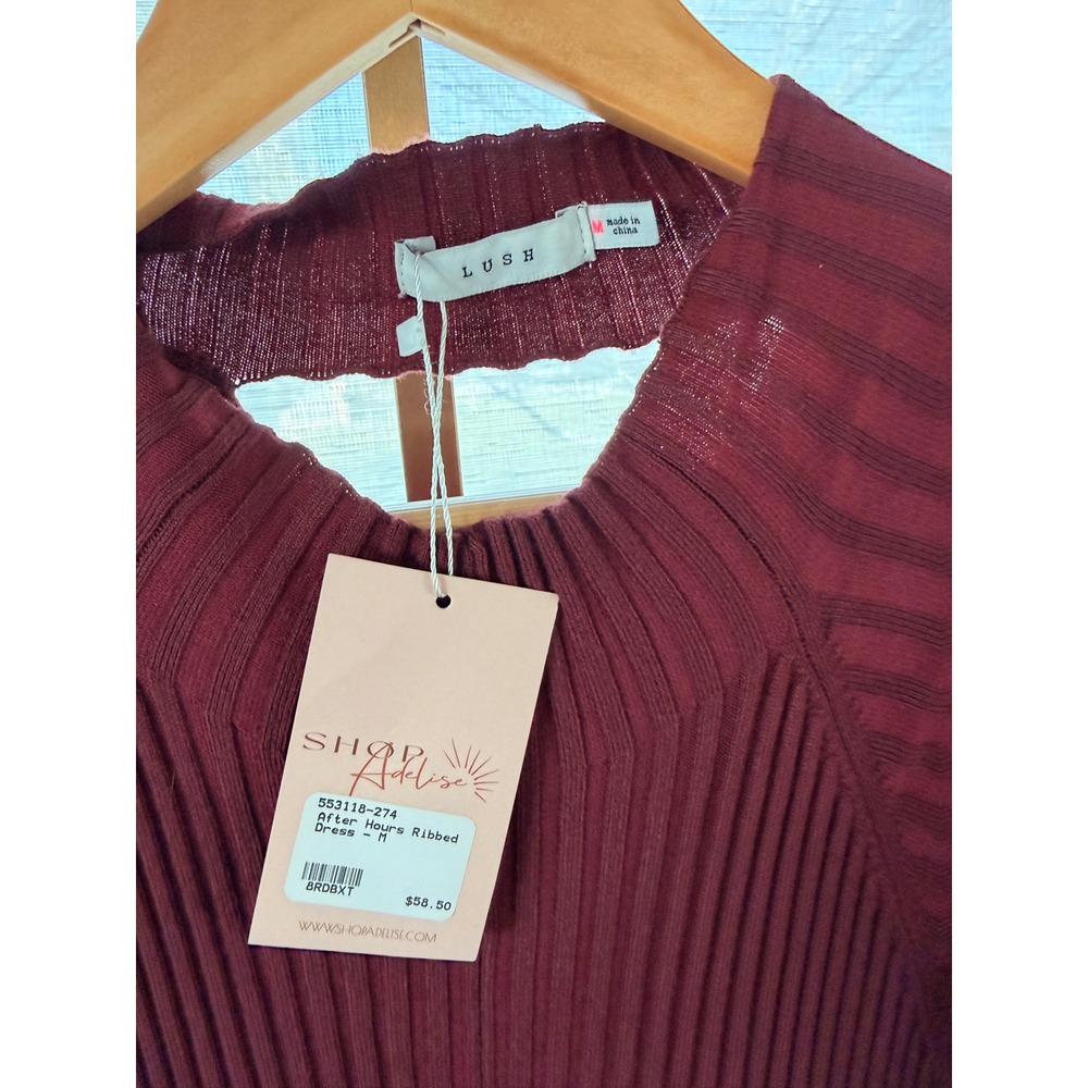 Lush "After Hours" Ribbed Knit Maxi Dress M Burgundy Long Sleeve Cutout Mock - Picture 4 of 8